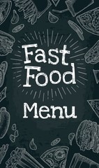 Wall Mural - Vertical poster fast food menu. Vector white engraving on black