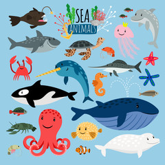 Wall Mural - Sea Animals. Vector underwater animal creatures and fish in sea, swordfish and langoustine, ocean turtle and starfish