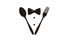 Bow Tie, Tuxedo, Knifes, Spoon Fork Restaurant Dinner Logo Design Inspiration