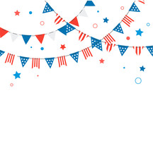 4th Of July, American Independence Day Celebration Background With Fireworks, Banners, Ribbons And Color Splashes
