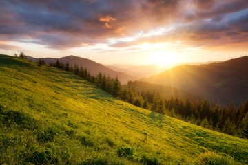 Poster - Sunset in the mountain valley. Beautiful natural landscape in the summer time