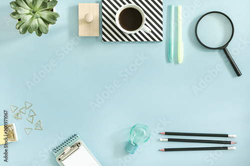 Creative Desk With Office Accessories Cup Of Coffe And Suculent