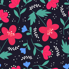 Wall Mural - Cute elegant floral hand drawn seamless pattern. Red and blue flowers on dark background. Ditsy print. Perfect for textil design, scrapbooking etc. Vector illustration