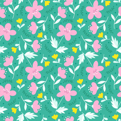 Wall Mural - Cute elegant floral hand drawn seamless pattern. Pink and yellow flowers on green background. Ditsy print. Perfect for textil design, scrapbooking etc. Vector illustration