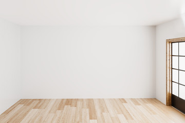 Wall Mural - Blank simple interior room background empty white walls corner and white wood floor contemporary,3D rendering