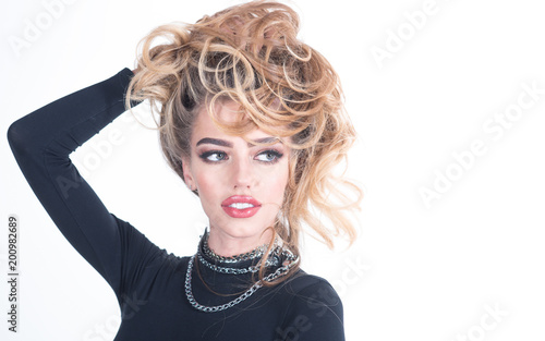 Elegant Girl Model With Jewelry Makeup Holding Hand Long Silky
