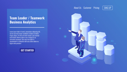 team leader, teamworking, two businessman stay on growth graphic background, training in business, t