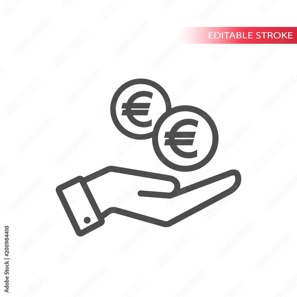 Outline flat icon of  euro coins falling in hand. Hand and coins dropping web pictograph. Euro coin and a palm. - obrazy, fototapety, plakaty 