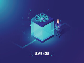 Wall Mural - Water cooling computer concept, big data processing and cloud file storage, isometric technology cube, dark neon vector background