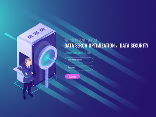 Wall Mural - data search optimization, information server, protection and security of database, server room with 