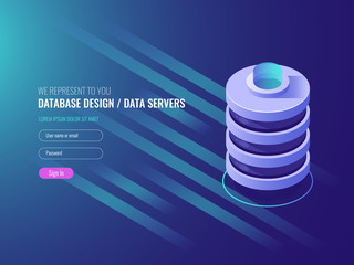 databese design, icon of conceptual server room rack, data center, data storage service it isometric