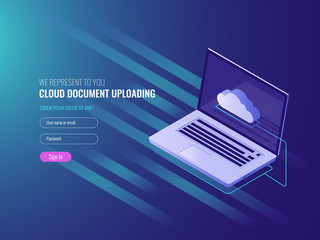 Cloud document uploading concept, clous server file copy and storage, clone work files, open laptop IT isometric 3d vector