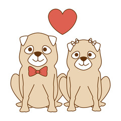 Sticker - cute dogs couple lovers with hearts characters vector illustration design