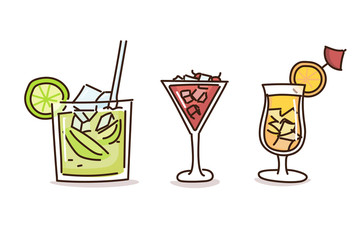 Summer drinks in trendy doodle hand drawn style. Vector illustrations with fresh cocktail drinks