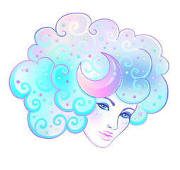 Sticker - Girl with white hair, head in the clouds with moon and stars. Concept of inner reality, mental health, imagination, thinking, dreaming. Female portrait of  goddess. Isolated  illustration.