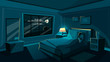© vectorpouch - Vector cute young woman sleeping in bedroom at night, cartoon interior. Happy beautiful female character dreaming in cozy room bed with night sky star, moon from big window with soft lamp light.