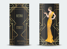 Art Deco Vintage Invitation Template Design With Illustration Of Flapper Girl. Patterns And Frames. Retro Party Background Set (1920's Style). Glamour Event, Thematic Wedding Or Jazz Party.