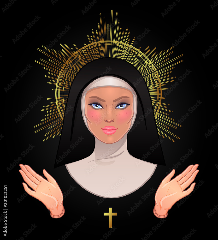 Beautiful young catholic nun with golden halo, open blessing hands and cross.  Vector illustration of a praying christian woman isolated on black.  Catholicism. Stock Vector | Adobe Stock, image size:909x1000