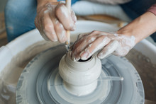 Handcrafted On A Potter's Wheel,Hands Make Clay From Various Items For Home And Sale In The Store And At The Exhibition, Ceramic Items Are Made In Hand, The Clay Billet Becomes A Ceramic Dish