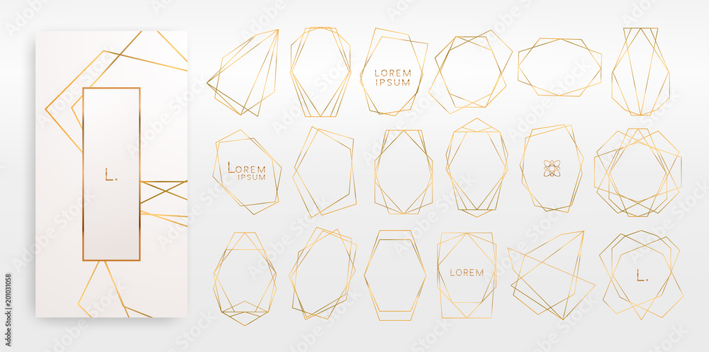 Gold collection of geometrical polyhedron, art deco style for wedding invitation, luxury templates, decorative patterns,... Modern abstract elements, vector illustration, isolated on backgrounds. - obrazy, fototapety, plakaty 