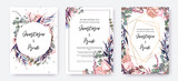 Fototapeta Boho - Wedding invitation frame set; flowers, leaves, watercolor, isolated on white. Sketched wreath, floral and herbs garland with green, greenery color. Handdrawn Vector Watercolour style, nature art.