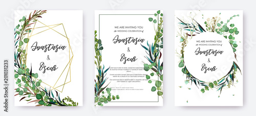 Wedding invitation frame set; flowers, leaves, watercolor, isolated on white....