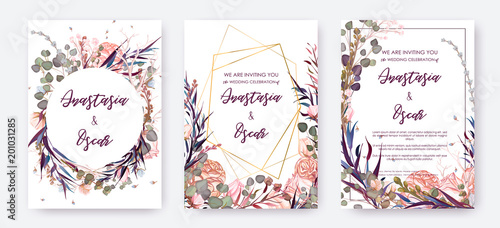 Wedding invitation frame set; flowers, leaves, watercolor, isolated on white....