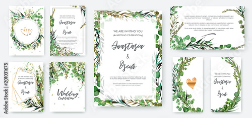 Wedding invitation frame set; flowers, leaves, watercolor, isolated on white....