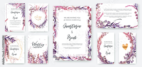 Wedding invitation frame set; flowers, leaves, watercolor, isolated on white....