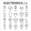 © chocostar - Device store concept. Thin line icons with flat background design. Sale electronic on modern shop. The seller advises the buyer illustration