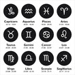 Set of simple stroke zodiac signs with names and dates. Night sky with stars, circle shape round cosmic backgrounds. Black and white hand drawn spray, flecks, specks texture.