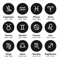set of simple stroke zodiac signs with names and dates. night sky with stars, circle shape round cos