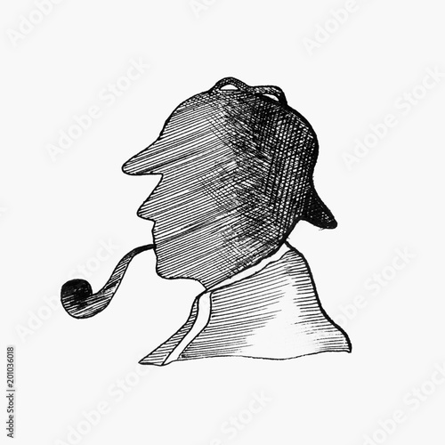 Cuadros en Lienzo Sketch silhouette of Sherlock Holmes with a tube on a white background
