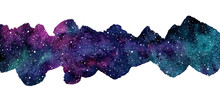 Cosmic, Cosmos, Astro Watercolor Background. Elongated Brush Stroke Shape, Frame, Border. Colorful Watercolour Galaxy Or Night Sky With Stars. Hand Drawn Aquarelle Illustration With Blobs Texture.
