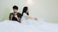 Touchy Woman Angry Man Playing Game On Mobile Too Much