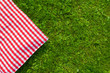 Green grass and checkered tablecloth background for picnic, top view
