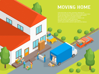 Wall Mural - Delivery Moving Card Poster Concept 3d Isometric View. Vector