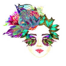 Face With Green Fairy Eyes With Makeup, Turquoise, Purple Butterfly Wings Shape Eyeshadows Look Like Mask, Floral Abstract Hairstyle, Hand Painted Watercolor Fashion Illustration Isolated On White 