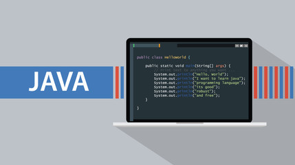 java programming language with laptop and code script on screen vector illustration
