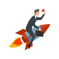 Canvas Print - Businessman with flag riding on a rocket, successful start up business project, development process vector Illustration on a white background