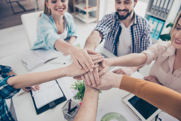 Wall Mural - Above cropped top high angle view portrait of pile stack of business people's palms putting on top of each other, progress, connection, handshake concept, in workplace, workstation