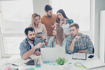 Wall Mural - Attractive, stylish financiers in casual outfits trying to find solution, decision, solving problem, expressing opinion, mind, view, working on project, start up, presentation