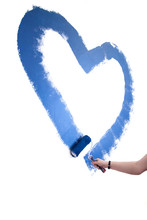 Homemade Painting A Blue Heart With Roller Brush
