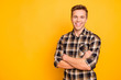 Portrait of glad friendly sincere with beaming shiny smile handsome person stylish haircut standing with folded arms dressed in casual brown shirt clothes outfit isolated on gray background copyspace