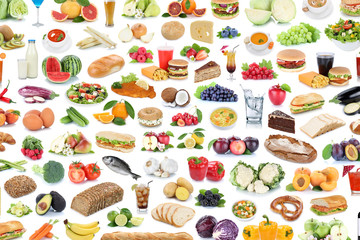 Collection of food and drink background collage healthy eating fruits vegetables fruit drinks isolated