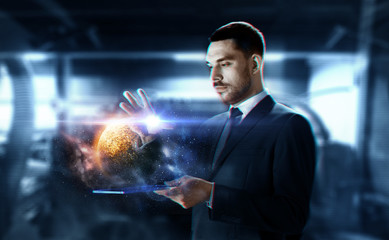 Poster - business, augmented reality and future technology concept - businessman in suit working with transparent tablet pc computer and hologram of planet and space over abstract background