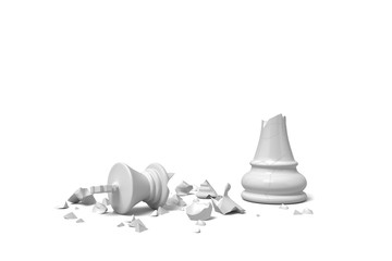 Wall Mural - 3d rendering of a completely broken white chess king lies in rubble on a white background.