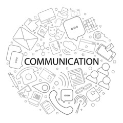 Sticker - Vector communication pattern with word. Communication background