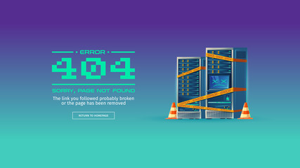 Sorry, page not found, 404 error vector concept illustration. Website is on maintenance or under construction, homepage is broken. Blue cartoon background with server equipment and yellow warning tape