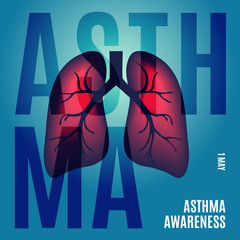 Wall Mural - Asthma awareness poster with lungs on blue background. Bronchial disease symbol. Medical template for pulmonary clinics and centers. Vector illustration.